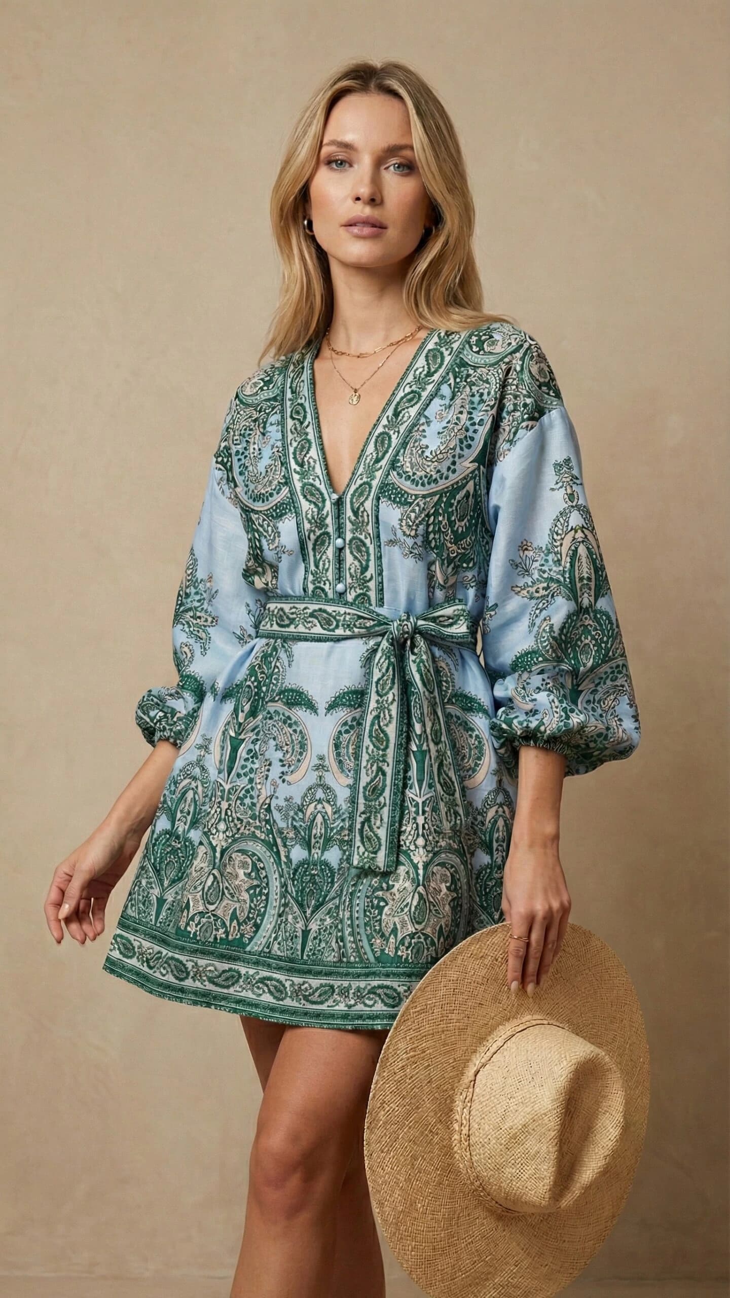 robe ballon bleue motif cachemire ceinturée femme TPGK